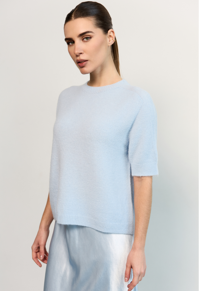 Short sleeve alpaca sweater, ice blue